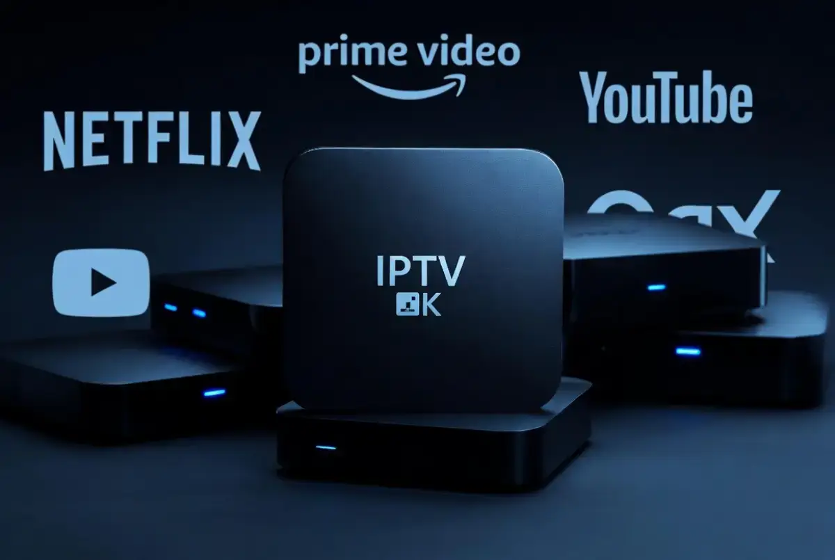 Boîtier IPTV 4K noir avec logos Netflix, Prime Video et YouTube en arrière-plan