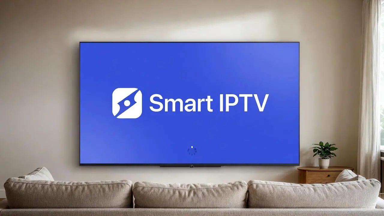 Smart TV moderne dans un salon contemporain minimaliste, affichant un logo futuriste « Smart IPTV